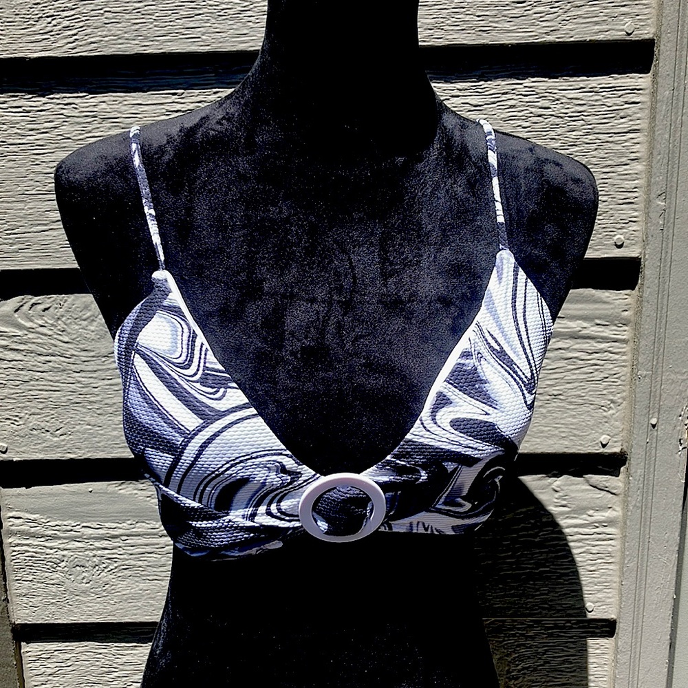 No Boundaries black and white swirl print bikini top with adjustable straps